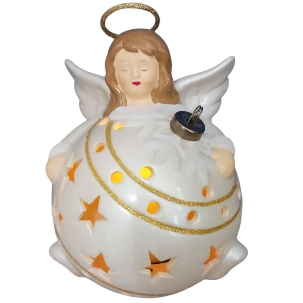 QVC Ceramic Angel Flameless Candle Luminaries Ornament Gold Glitter cream